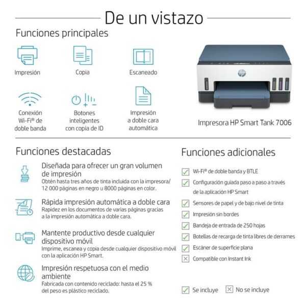 HP Smart Tank 7006 Impressora Multifunções a Cores Duplex WiFi + 3 anos de tinta incluídos