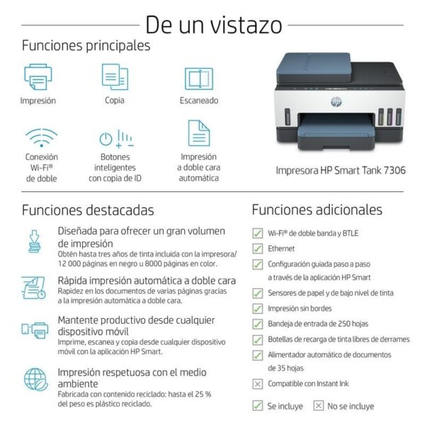 HP Smart Tank 7306 Impressora Multifunções a Cores Duplex WiFi + 3 anos de tinta incluídos
